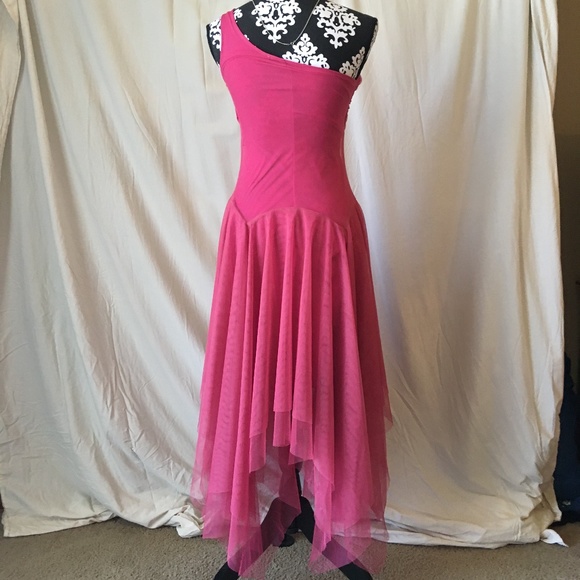 Vintage "Fairy" Asymmetrical Hem Pink Chiffon One Shoulder Midi Dress, XS - Picture 8 of 13